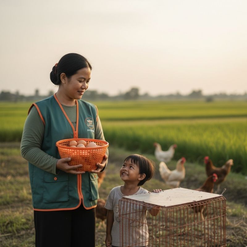 Ibu dan anak di Subang memegang keranjang telur di depan kandang ayam—program Wings for Change